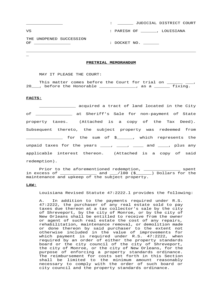 Pretrial Memorandum Requesting Reimbursement of Real Estate Upkeep Costs for Redeemed Property Louisiana  Form