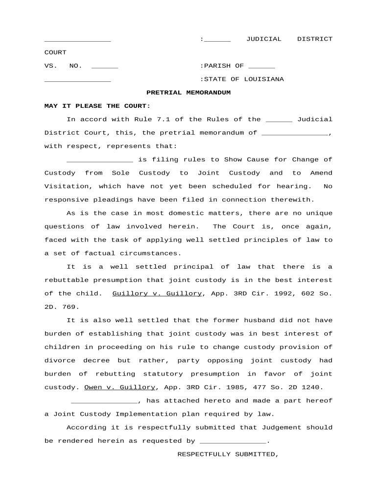 Pretrial Memorandum Requesting Change of Custody and Amendment of Visitation Louisiana  Form