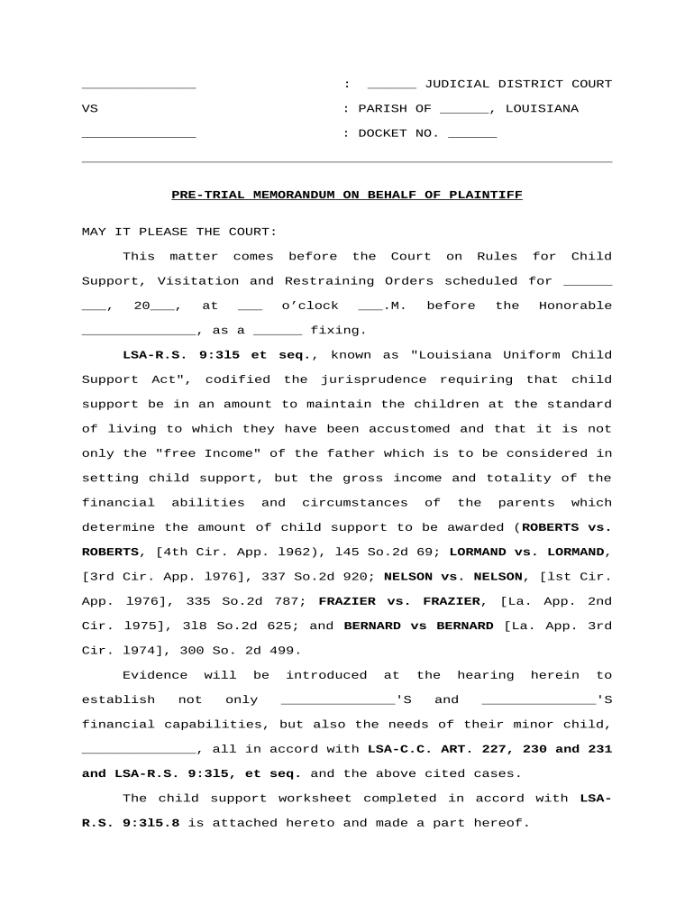 Pretrial Memorandum Regarding Child Support Louisiana  Form
