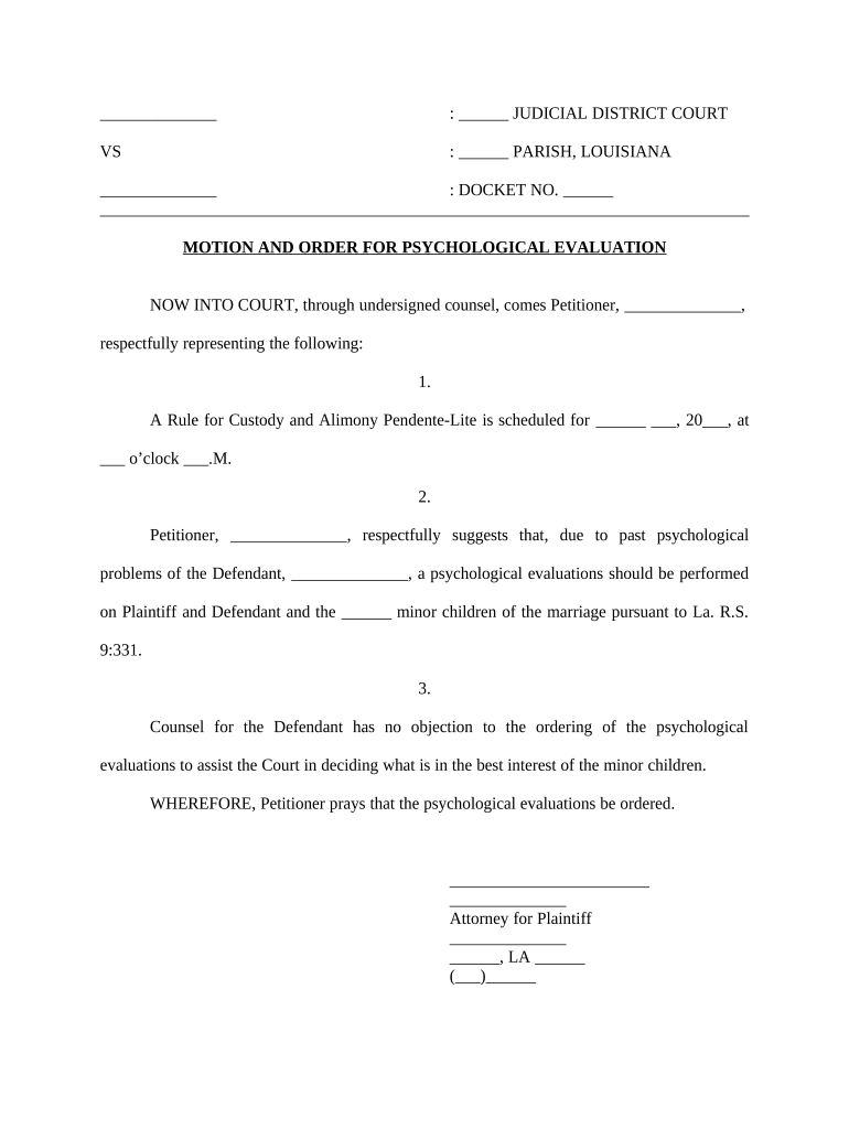 Motion and Order for Psychological Evaluation Louisiana  Form