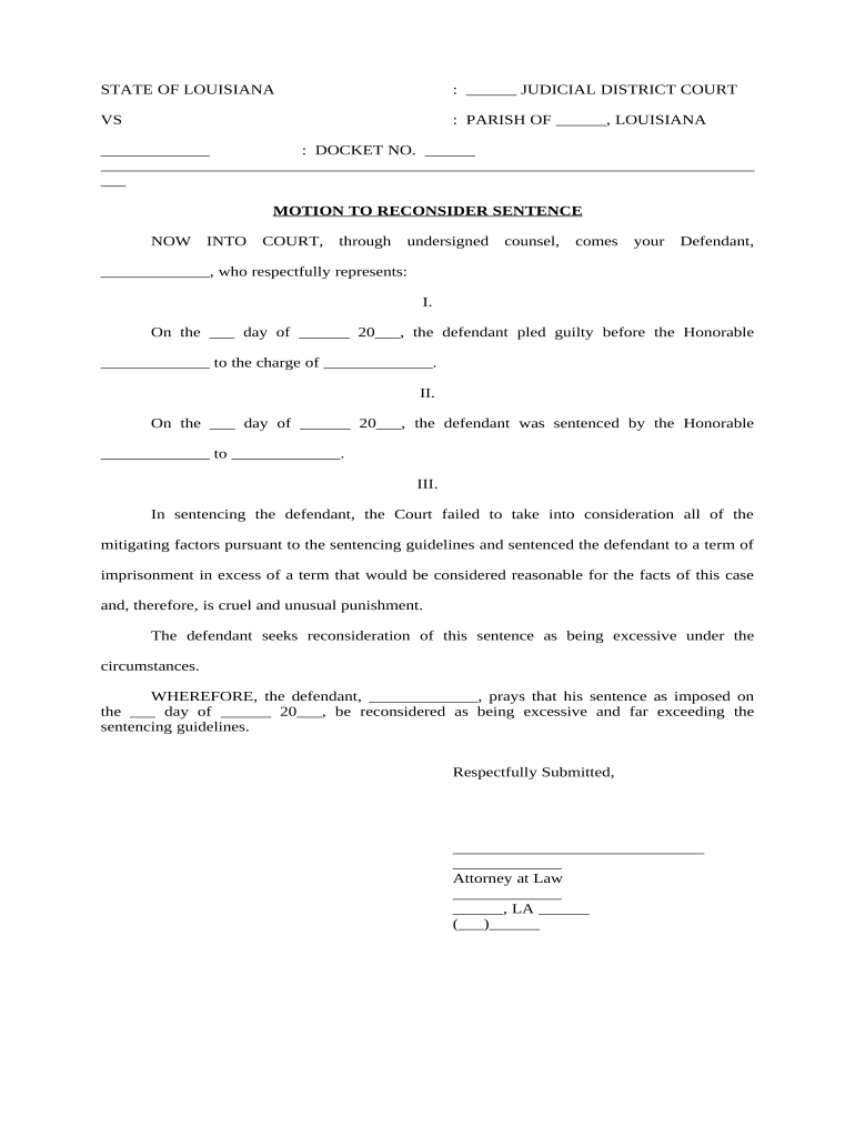 Motion to Reconsider Sentence Louisiana  Form
