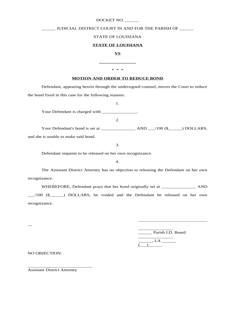 Motion and Order to Reduce Bond and Release on Own Recognizance Louisiana  Form