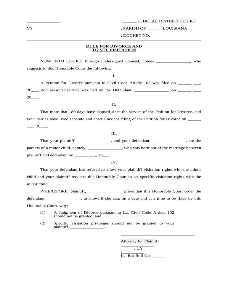 Rule for Divorce and to Set Visitation Louisiana  Form