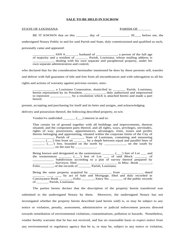 Sale to Be Held in Escrow Louisiana  Form