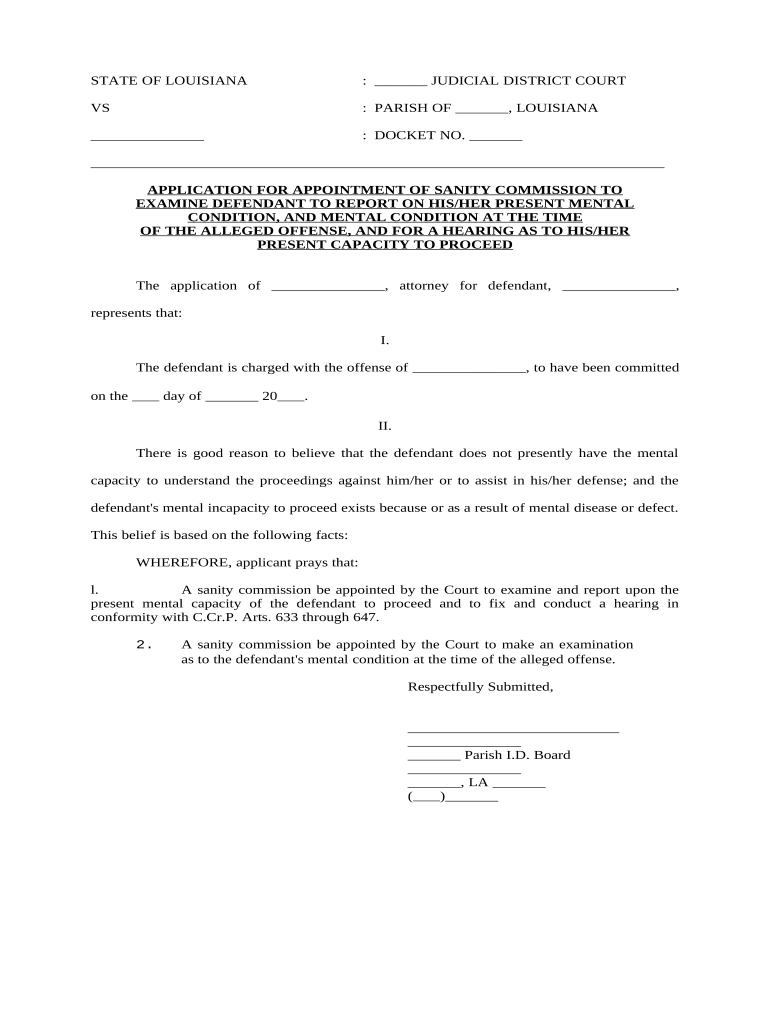 Application for Appointment of Sanity Commission Louisiana  Form