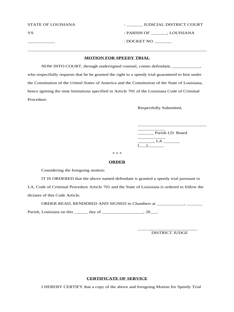 Motion for Speedy Trial Louisiana  Form