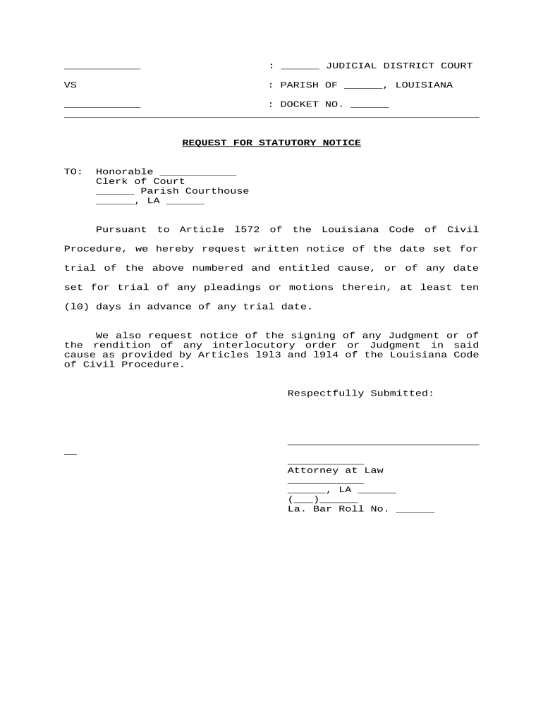 Request for Statutory Notice of Trial Louisiana  Form