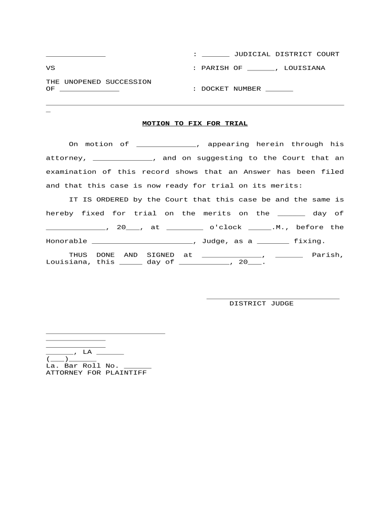 Motion to Fix for Trial Louisiana  Form