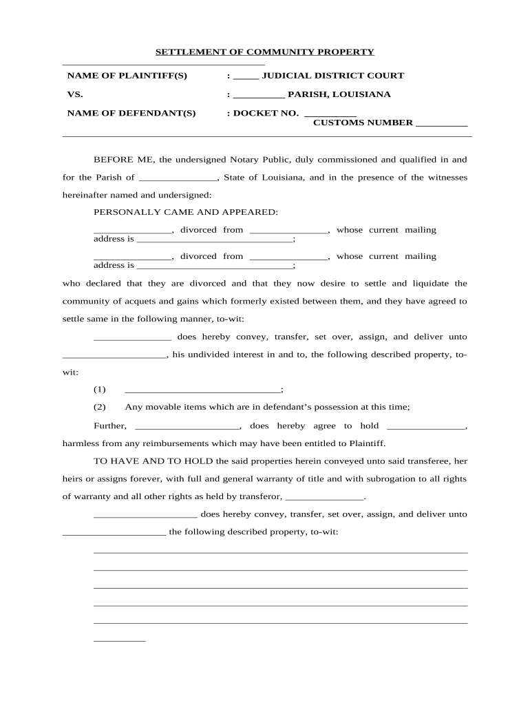 Settlement of Community Property, Movable and Immovable Louisiana  Form