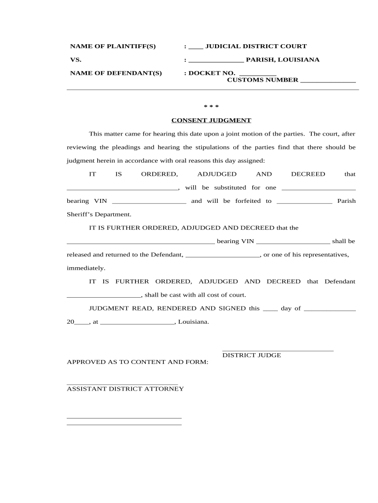 Consent Judgment Louisiana  Form