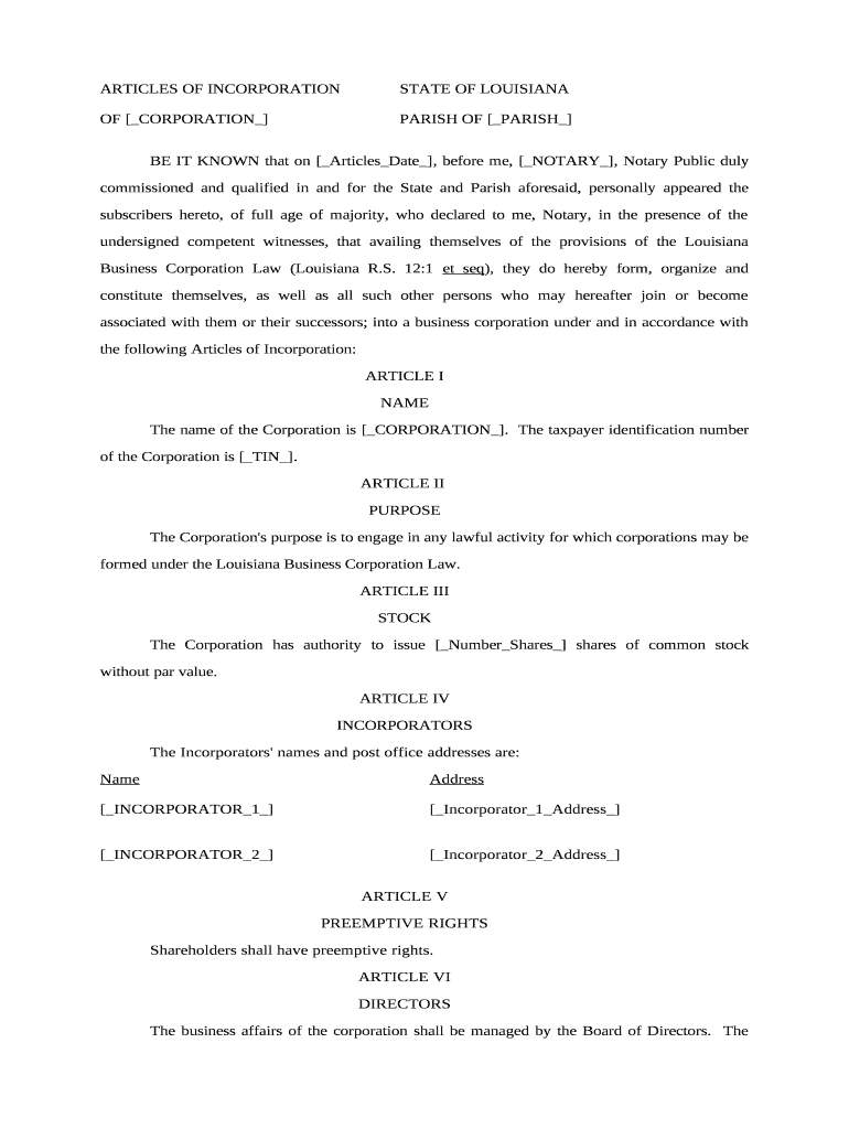 Louisiana Articles Incorporation  Form