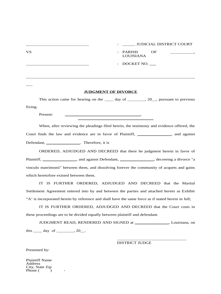 Judgment of Divorce for People with No Children Louisiana  Form