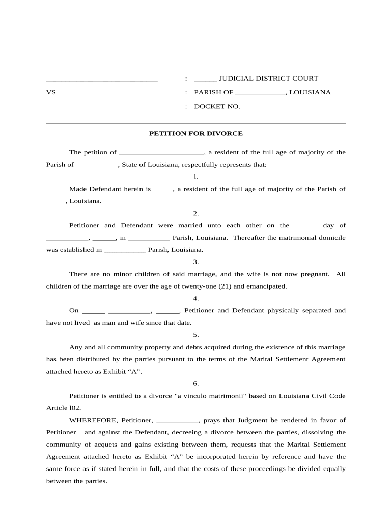 Petition for Divorce La CC Art 102 with Adult Children Louisiana  Form