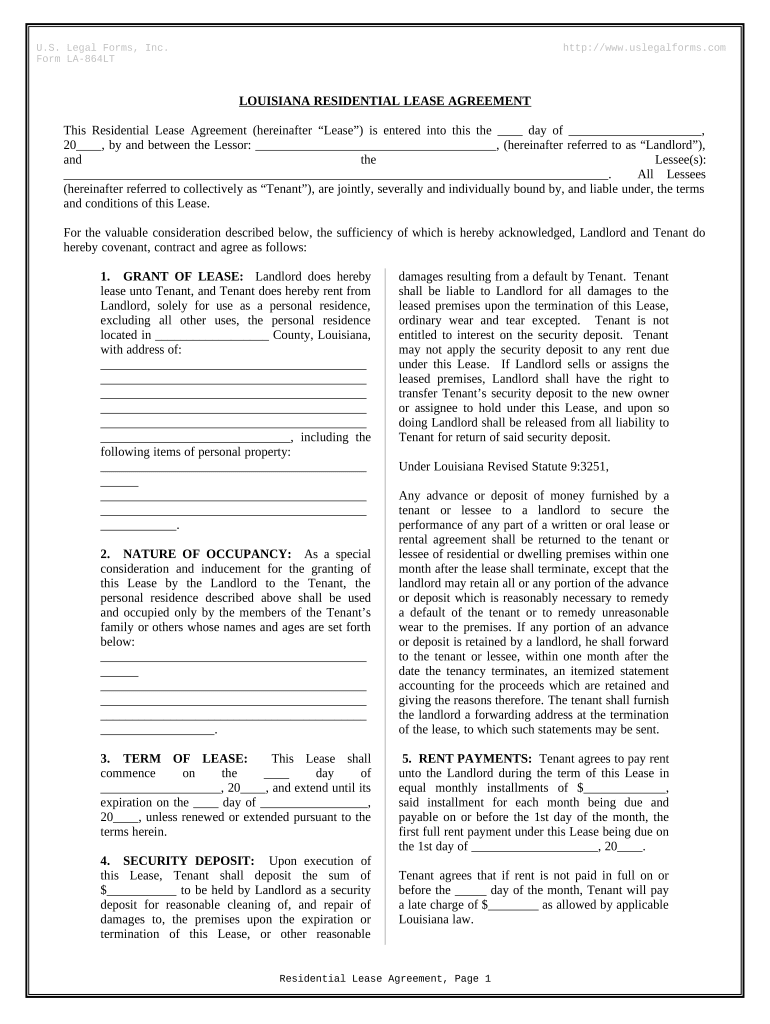 Residential Rental Lease Agreement Louisiana  Form
