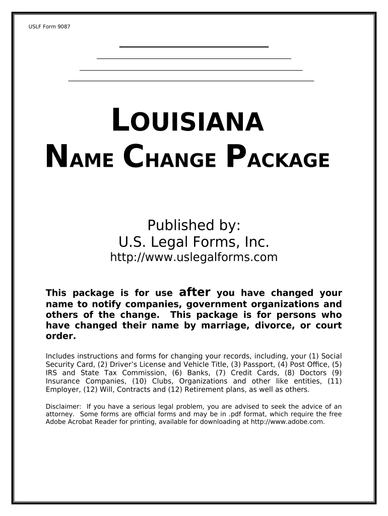 Name Change Notification Package for Brides, Court Ordered Name Change, Divorced, Marriage for Louisiana Louisiana  Form
