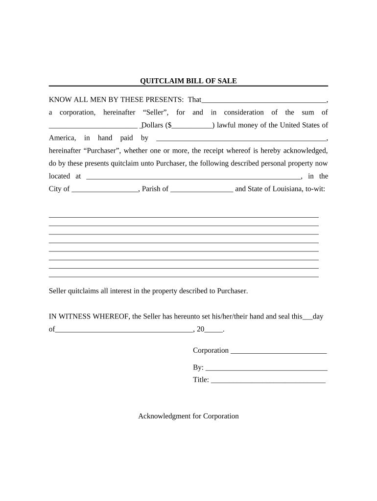 Bill of Sale Without Warranty by Corporate Seller Louisiana  Form