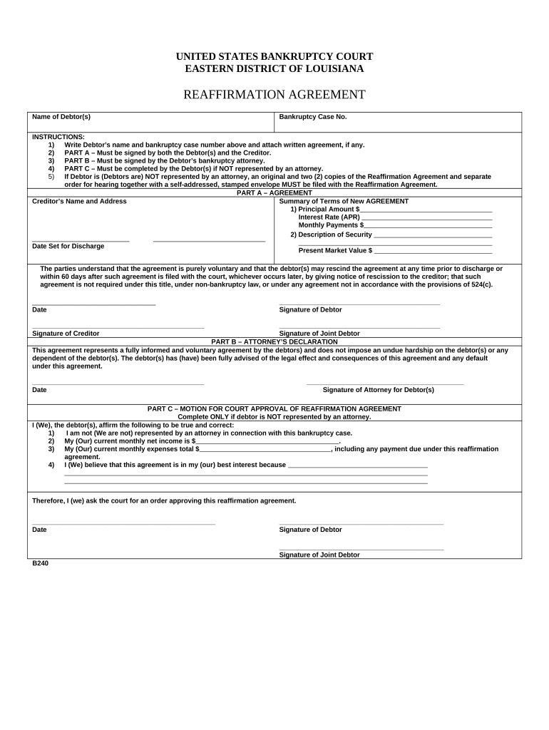 Reaffirmation Agreement Louisiana  Form