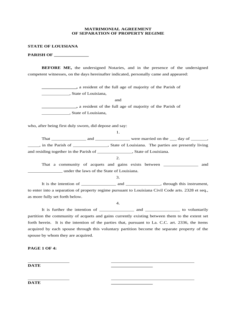 Louisiana Matrimonial Agreement  Form