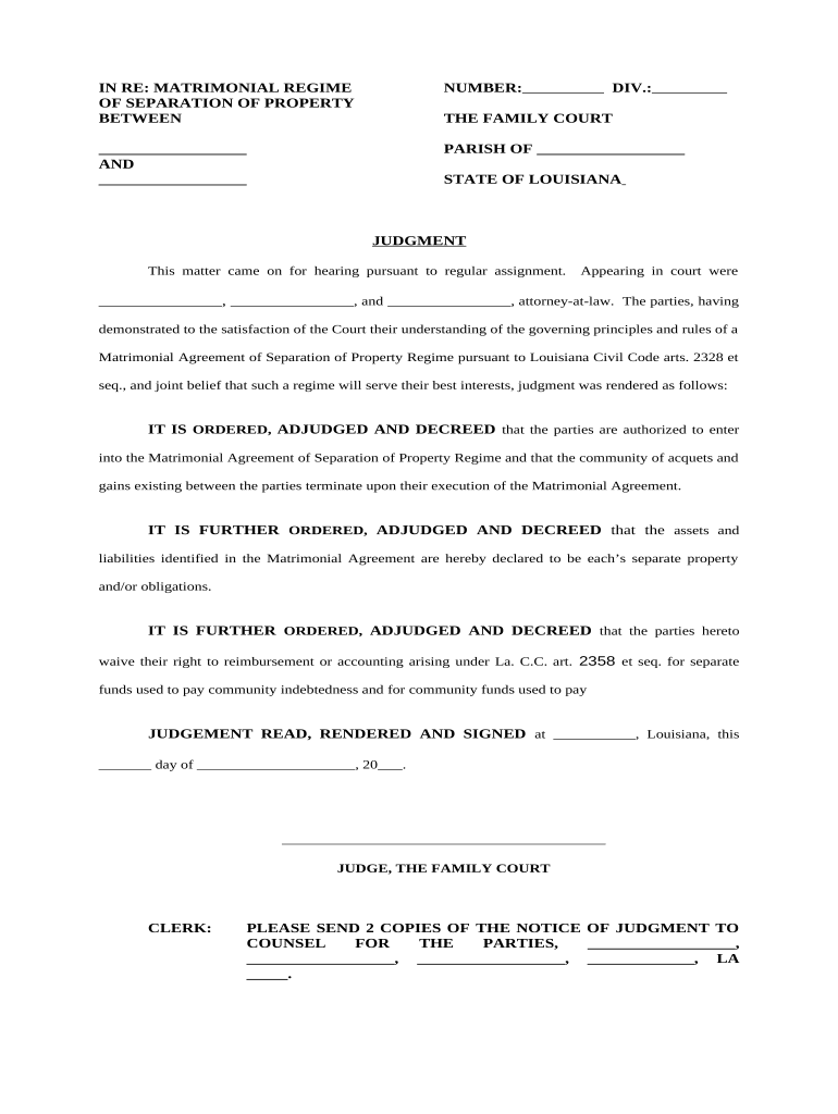 Judgment Regarding Matrimonial Regime of Separation of Property Louisiana  Form