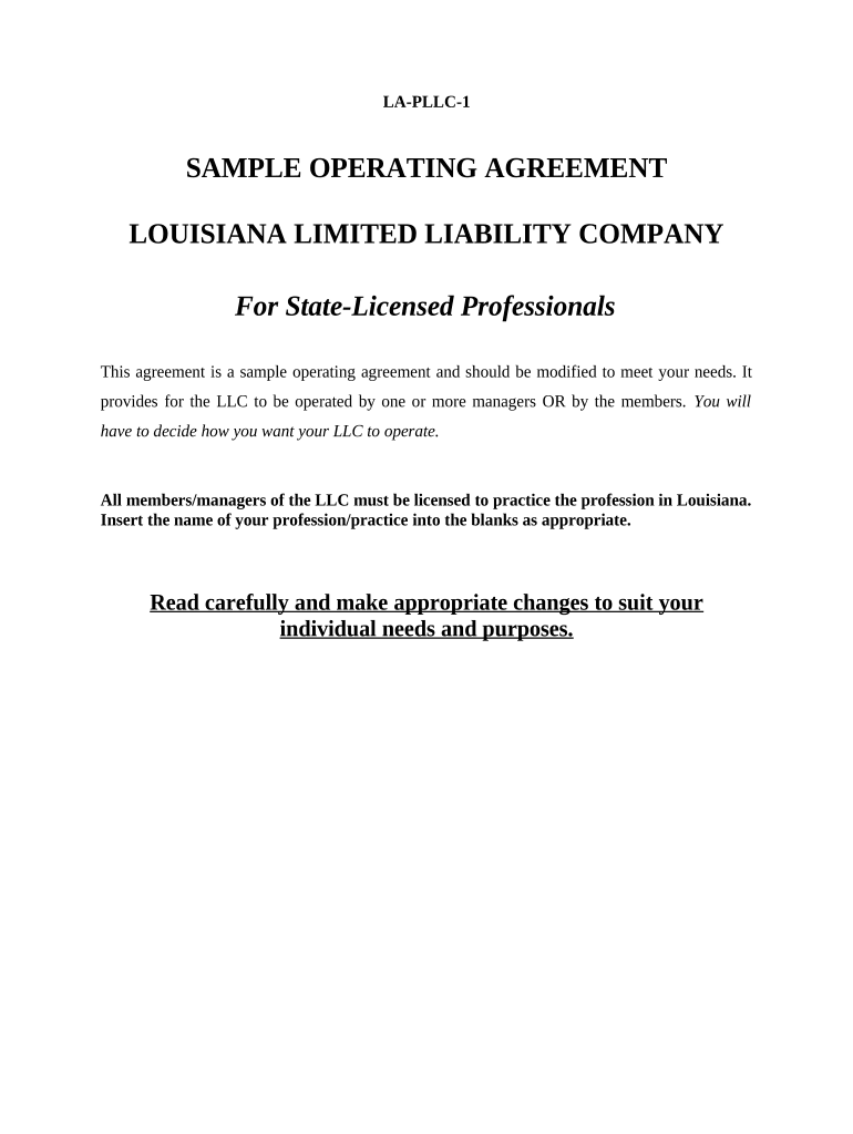 Sample Operating Agreement for Professional Limited Liability Company PLLC Louisiana  Form