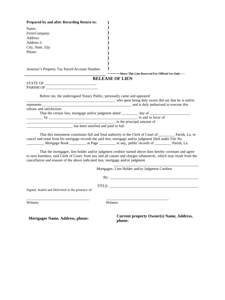 Satisfaction, Release or Cancellation of Mortgage by Corporation Louisiana  Form
