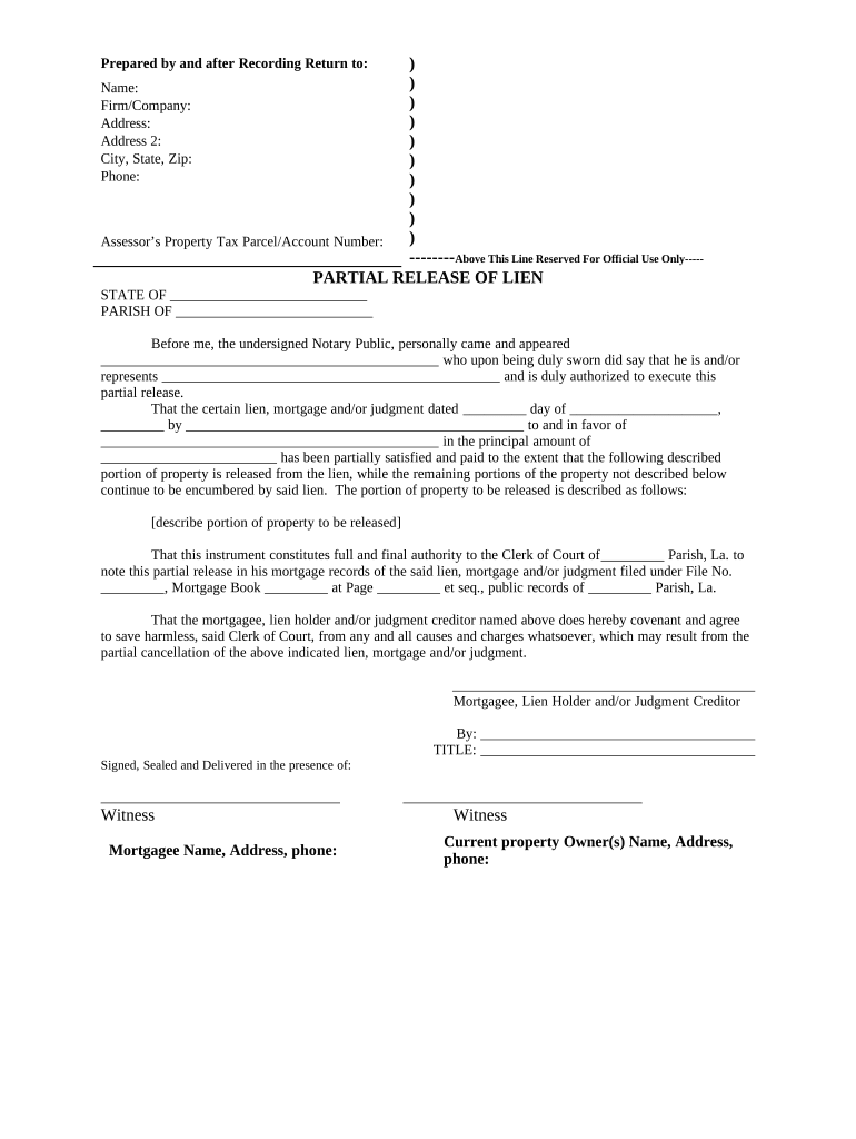 Partial Release of Property from Mortgage for Corporation Louisiana  Form