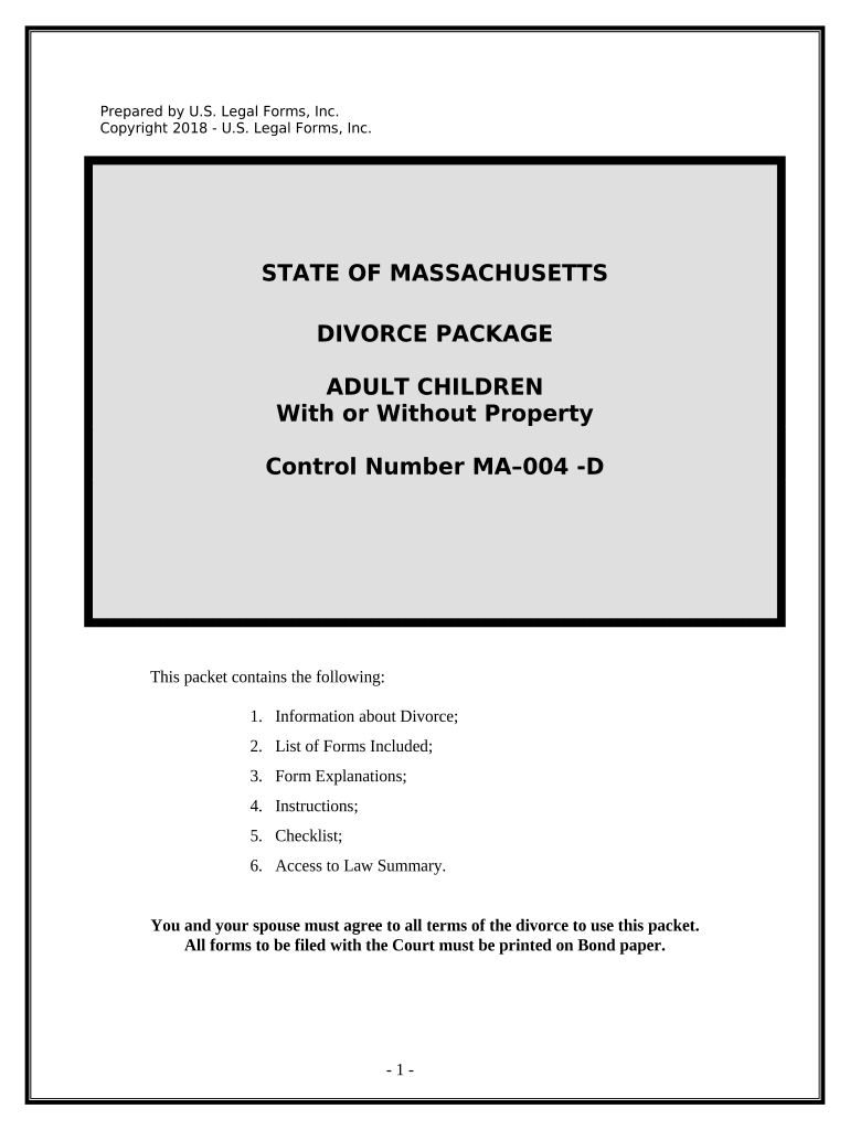 No Fault Uncontested Agreed Divorce Package for Dissolution of Marriage with Adult Children and with or Without Property and Deb  Form