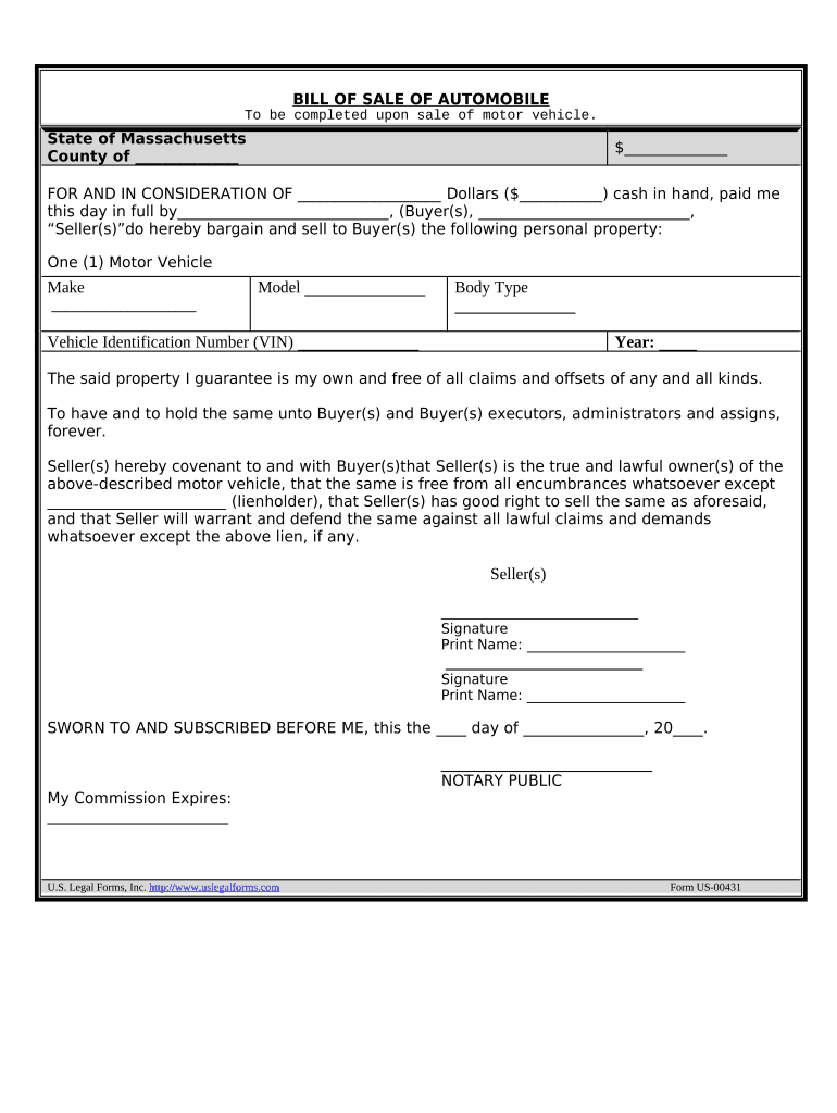 Bill of Sale of Automobile and Odometer Statement Massachusetts  Form