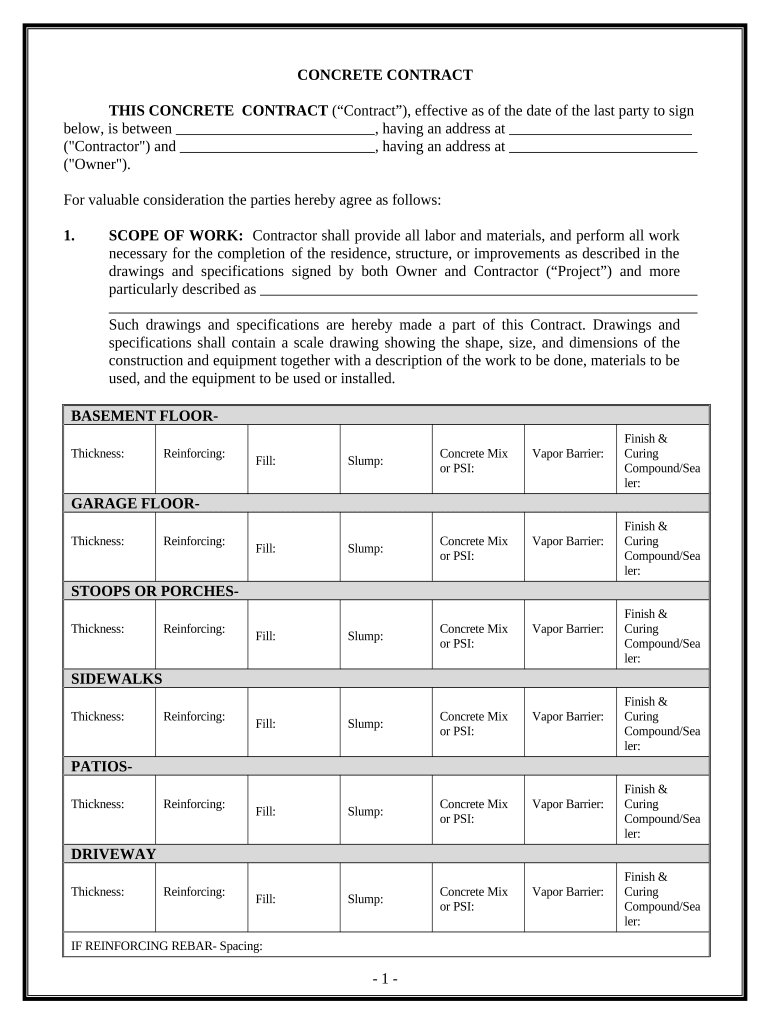 Concrete Mason Contract for Contractor Massachusetts  Form