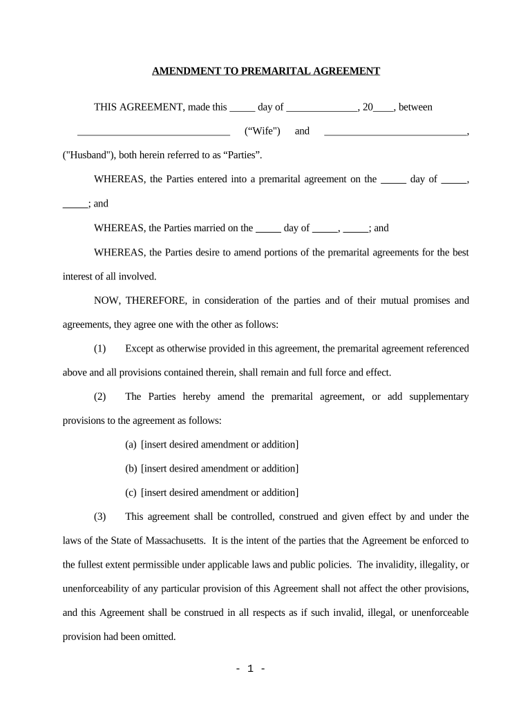 Amendment to Prenuptial or Premarital Agreement Massachusetts  Form