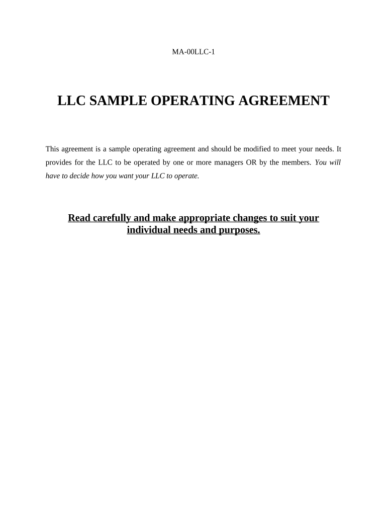 Fill and Sign the Limited Liability Company Llc Operating Agreement Massachusetts Form