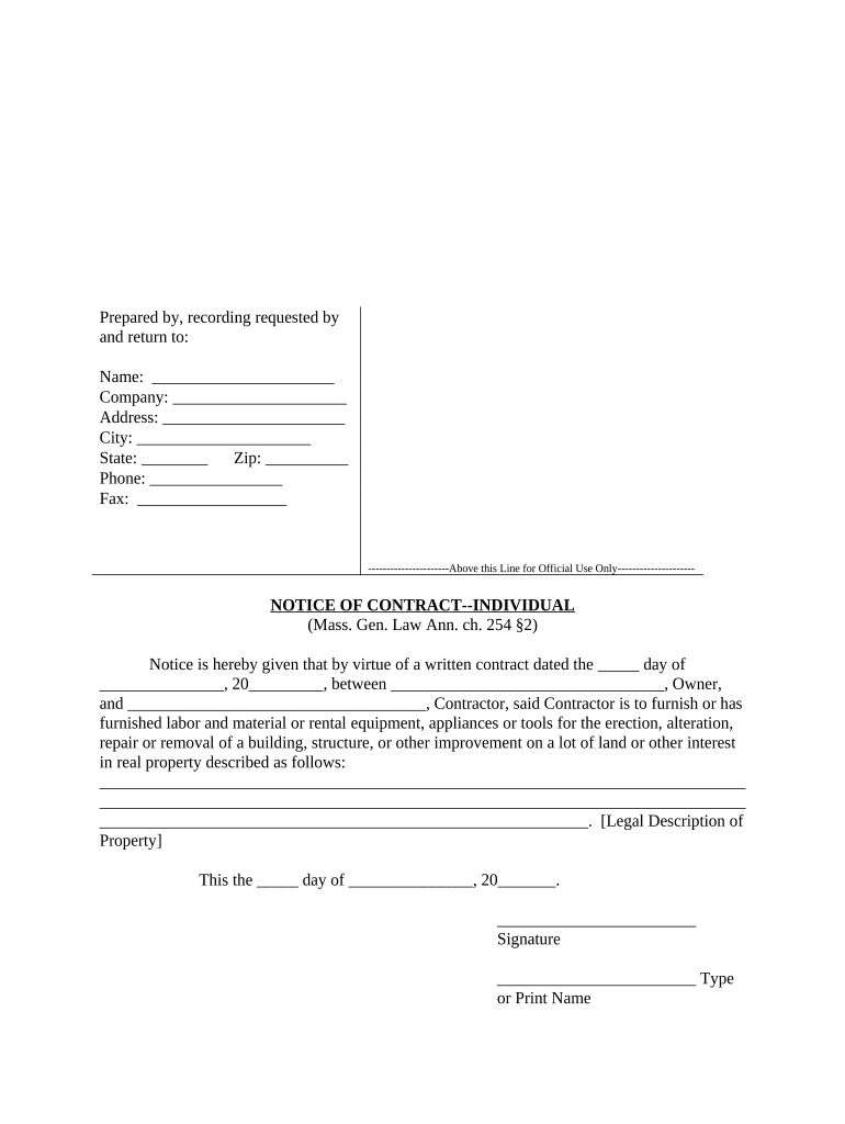 Notice of Contract Individual Massachusetts  Form