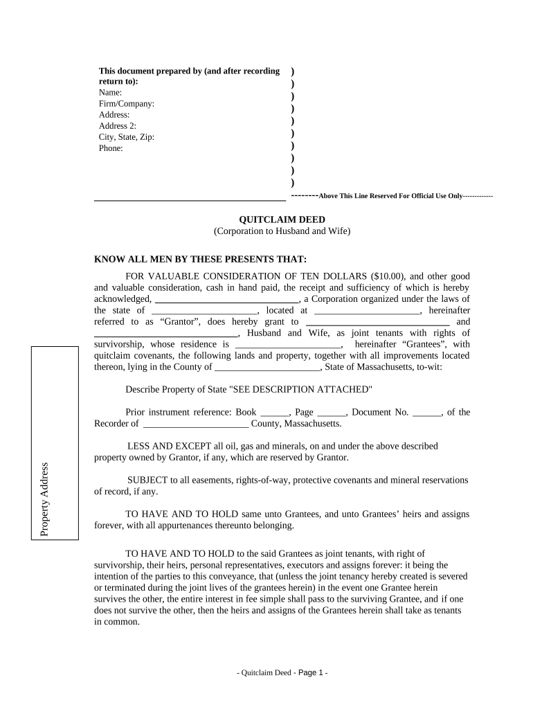 Quitclaim Deed from Corporation to Husband and Wife Massachusetts  Form