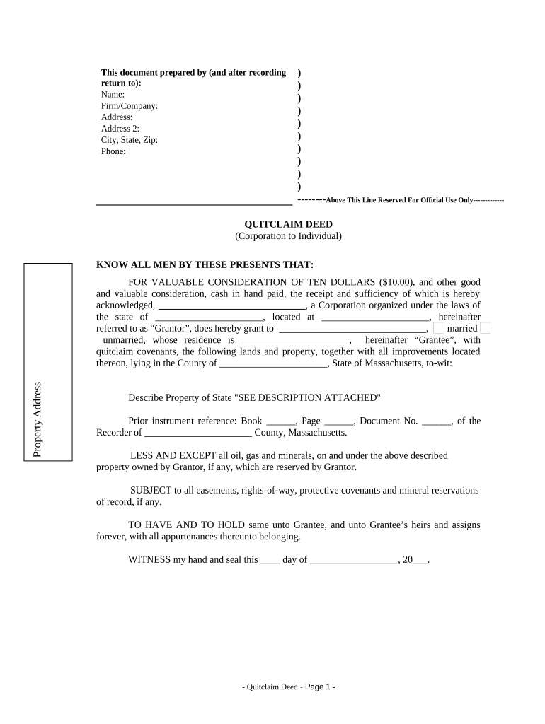 Quitclaim Deed from Corporation to Individual Massachusetts  Form