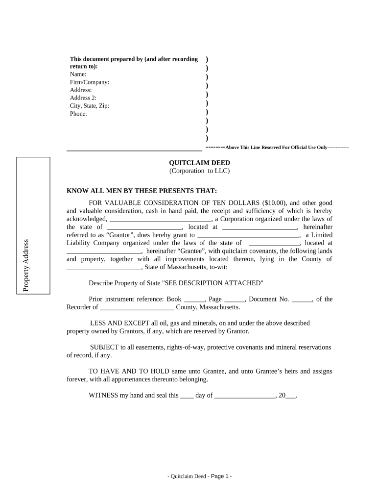 Quitclaim Deed from Corporation to LLC Massachusetts  Form