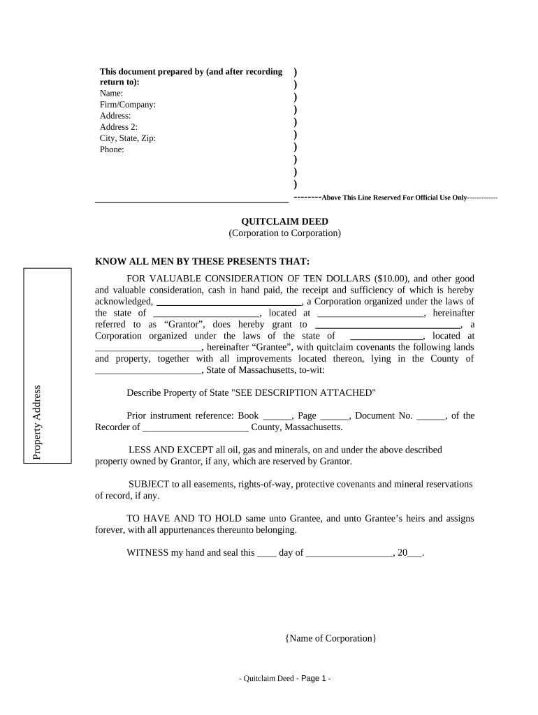 Quitclaim Deed from Corporation to Corporation Massachusetts  Form