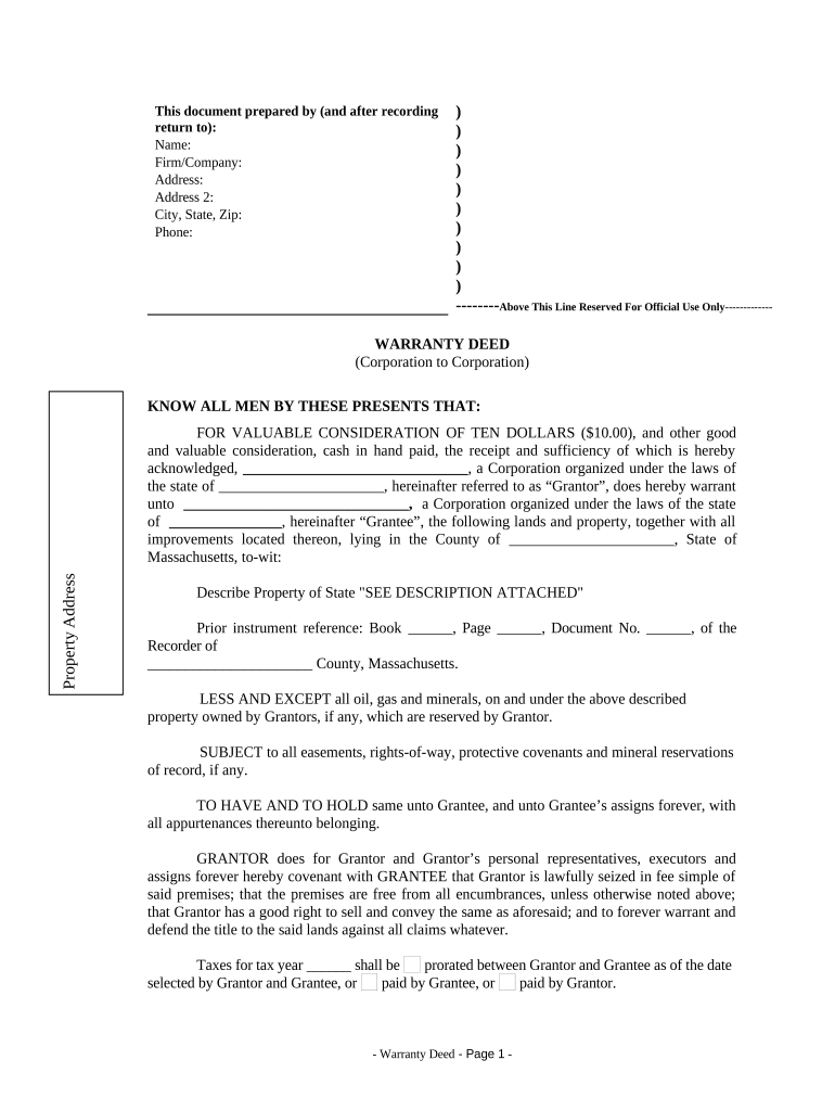 Warranty Deed from Corporation to Corporation Massachusetts  Form