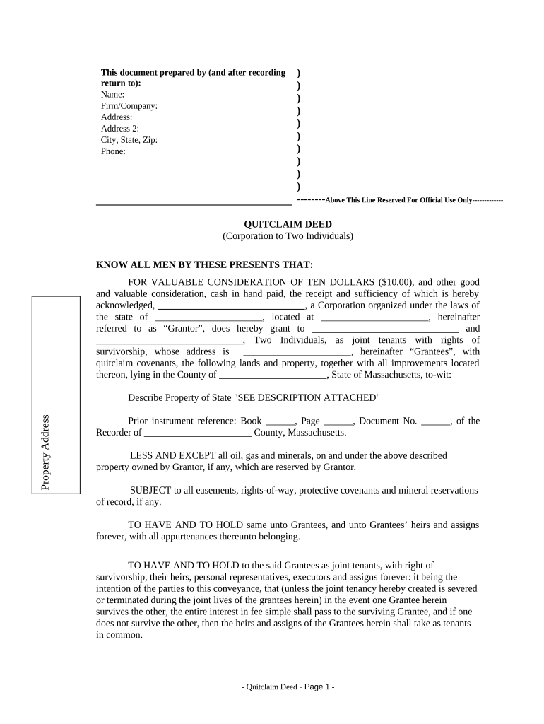 Quitclaim Deed from Corporation to Two Individuals Massachusetts  Form