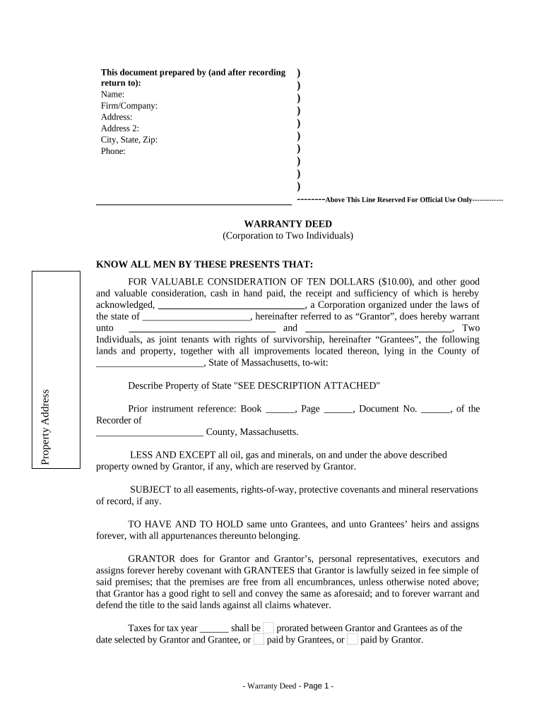 Warranty Deed from Corporation to Two Individuals Massachusetts  Form