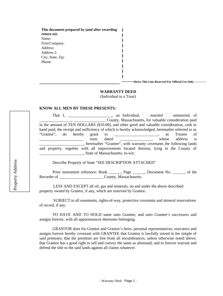 Warranty Deed from Individual to a Trust Massachusetts  Form