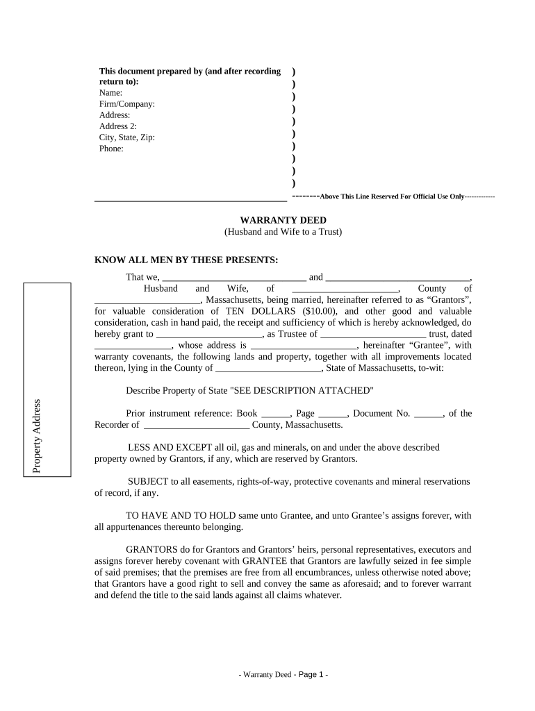 Warranty Deed from Husband and Wife to a Trust Massachusetts  Form