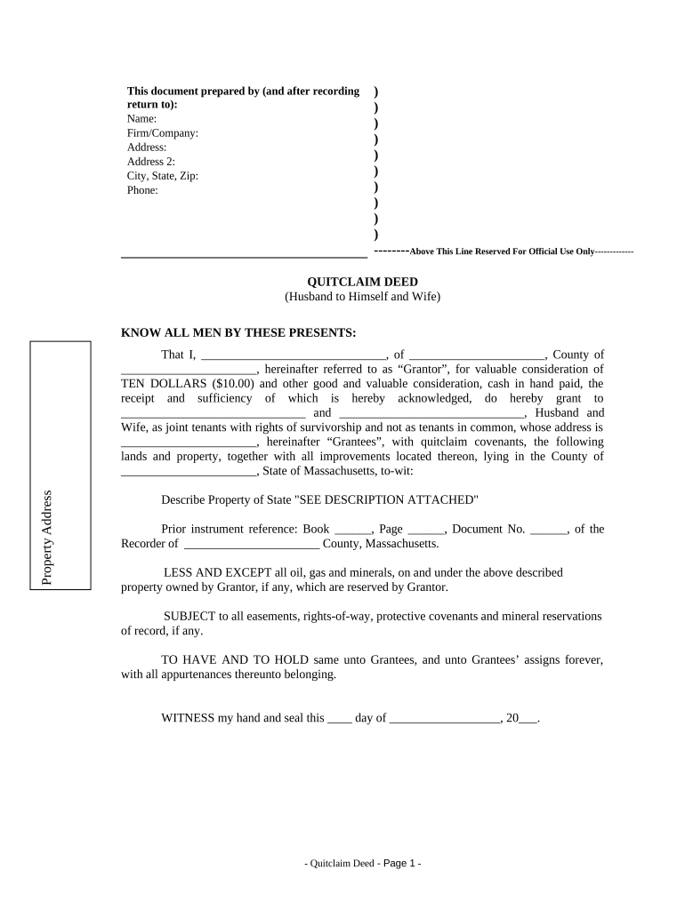 Quitclaim Deed from Husband to Himself and Wife Massachusetts  Form