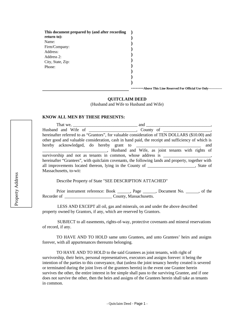 Quitclaim Deed from Husband and Wife to Husband and Wife Massachusetts  Form