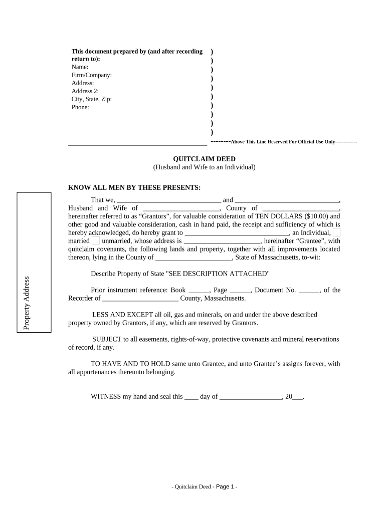 Quitclaim Deed from Husband and Wife to an Individual Massachusetts  Form