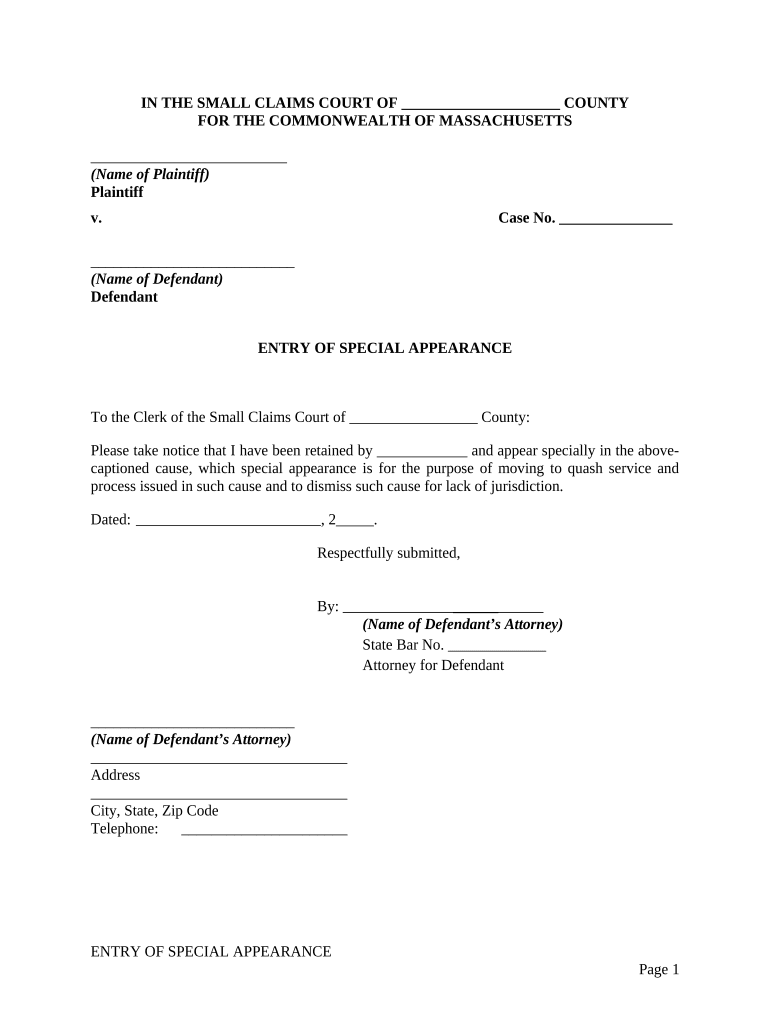 Entry of Special Appearance Massachusetts  Form