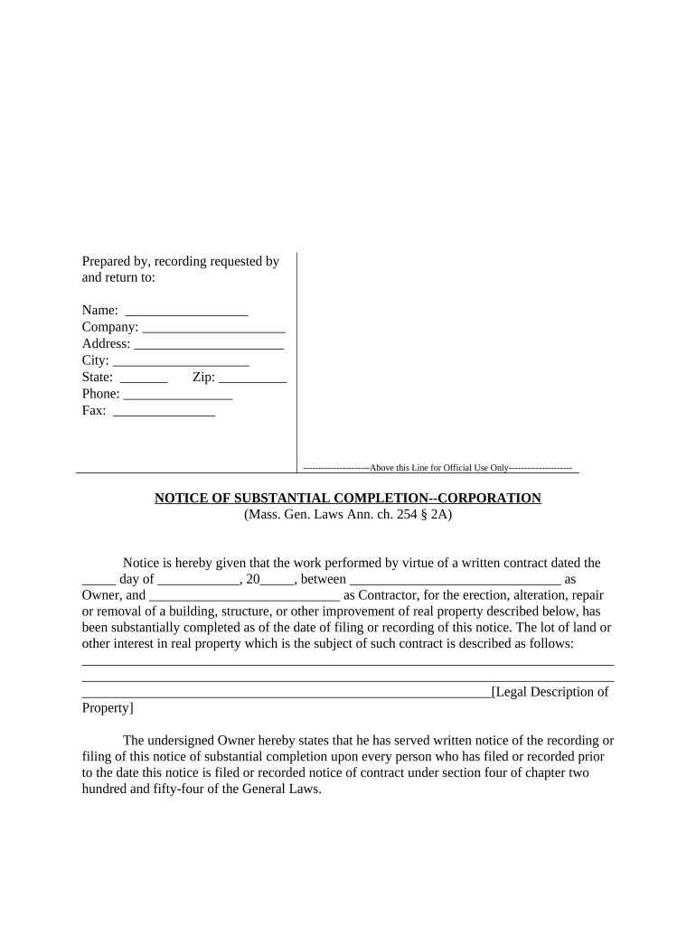 Notice of Substantial Completion by Corporation or LLC Massachusetts  Form