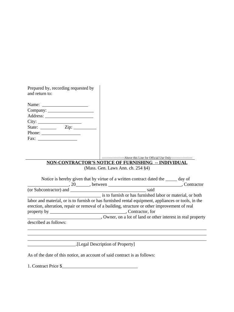 Non Contractor's Notice of Furnishing Individual Massachusetts  Form