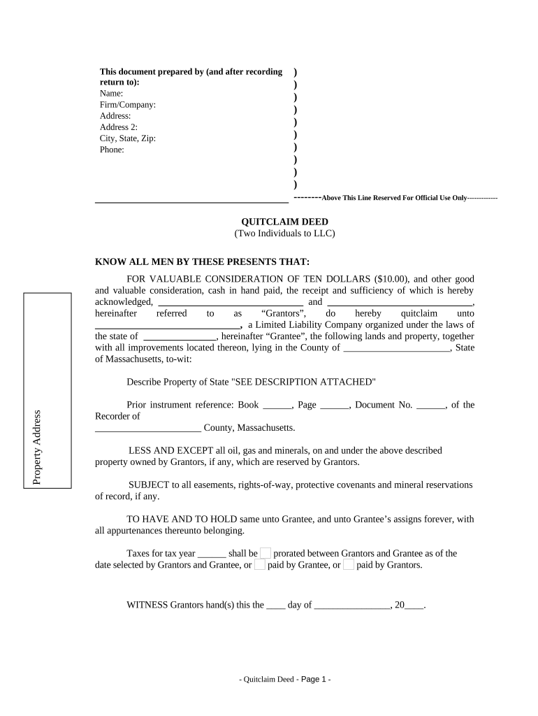 Quitclaim Deed by Two Individuals to LLC Massachusetts  Form