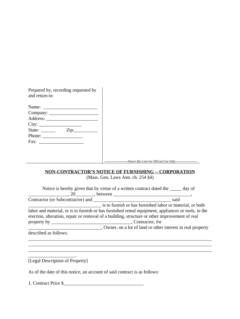 Non Contractor's Notice of Furnishing by Corporation or LLC Massachusetts  Form