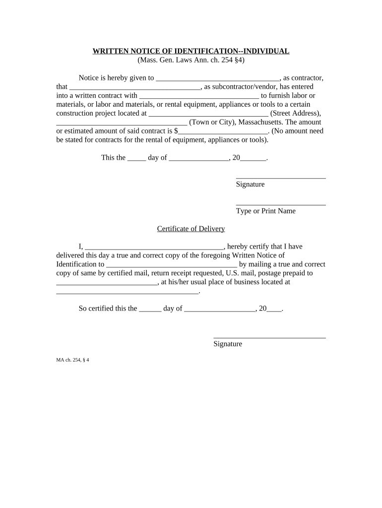 Written Notice of Identification Individual Massachusetts  Form